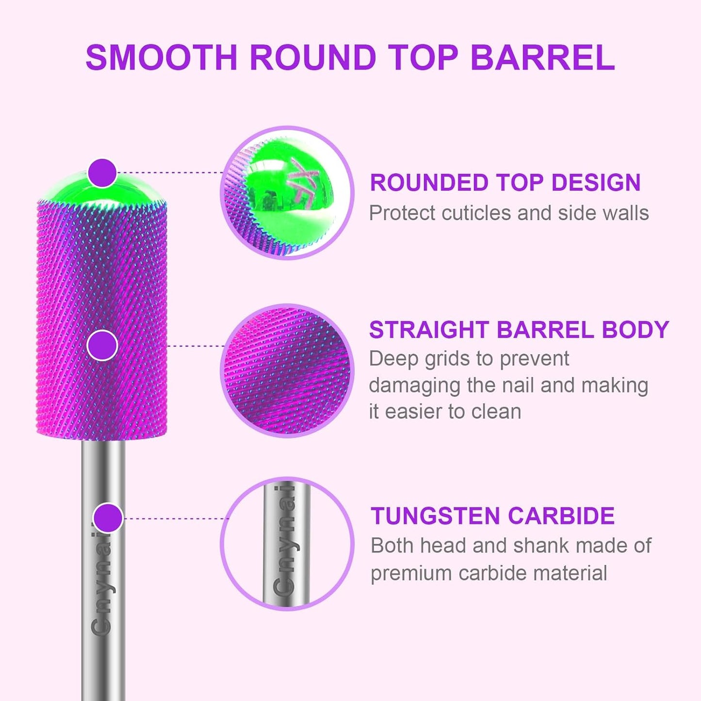 3/32" 2PCS Large Barrel Smooth Round Top Tungsten Carbide Nail Drill Bit Safety Bit for Gel & Acrylic Removal, 2-Way Rotating Efile Tip, Salon Electric File Accessory (XF Grit, Purple)