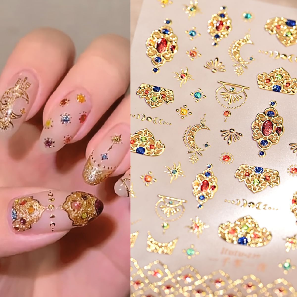 Gold Nail Stickers for Nail Art Self-Adhesive Bohemia Totem Vintage Luxury Nails Design 5D Nail Art Stickers Gold Colorful Diamond Nail Decals for Women Nail Supplies Accessories 1Sheets
