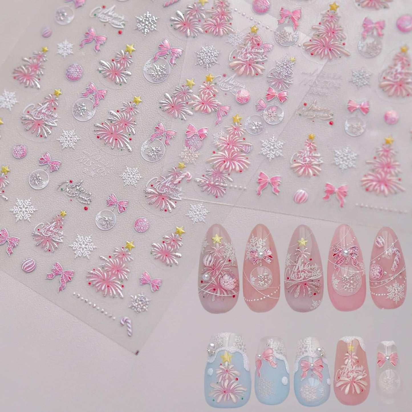 1 Sheets Pink Fireworks Christmas Tree Nail Art Stickers 5D Embossed Christmas Bow Nail Stickers Pink Glitter Snowball Tree Nail Decals Acrylic Nail Supplies for Women Girls DIY Nail Decoration