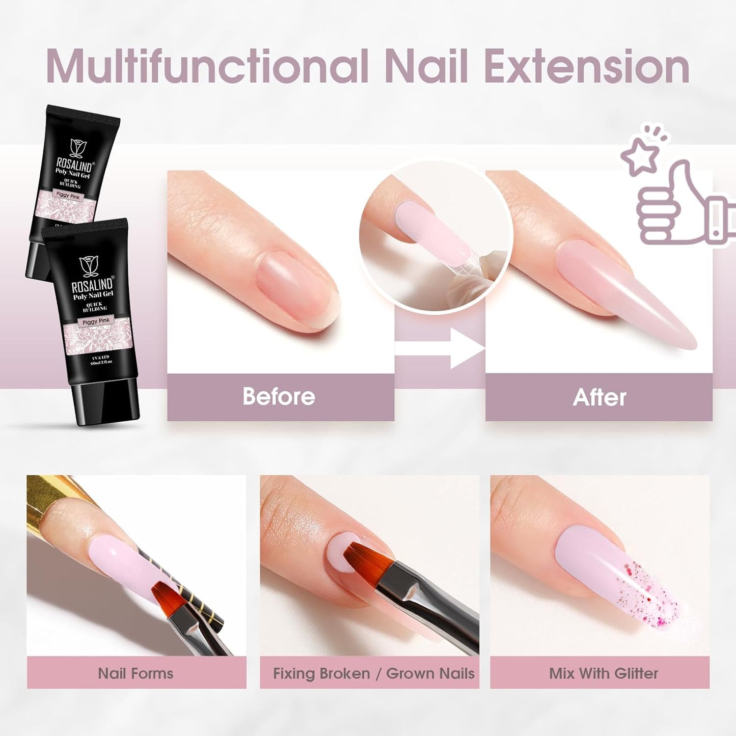 ROSALIND Light Purple Poly Extension Gel, 60ml/2 oz Gray Pink Poly Nail Gel Building Enhancement for Nail Thickening Decoration Fall Colors Set, Easy to DIY Use at Home Need UV Lamp