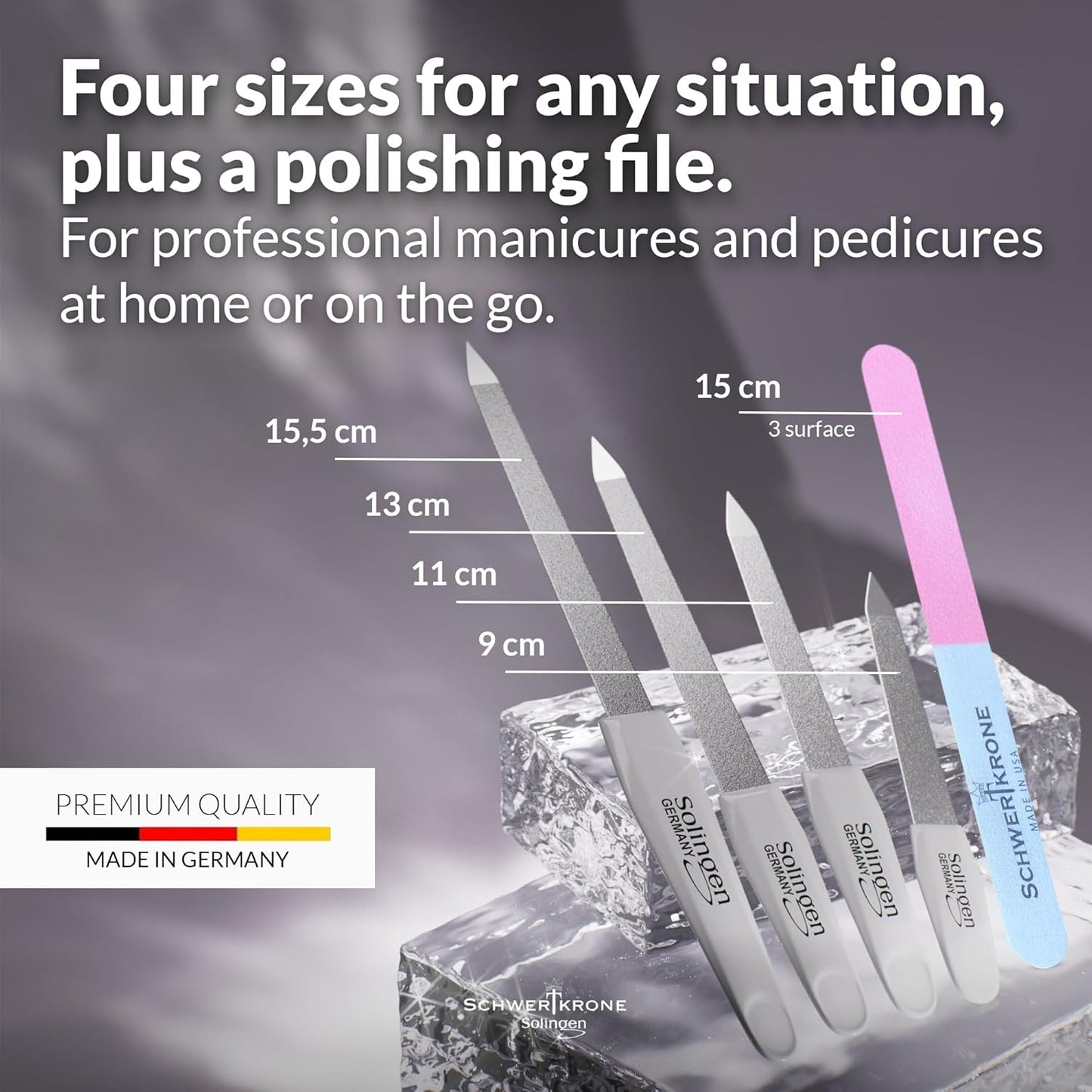 Schwertkrone Professional Nail File Set – 4 Sapphire Metal Nail Files Made in Solingen, Germany & 1 Nail Buffer – Durable Manicure Tools for Natural & Acrylic Nails