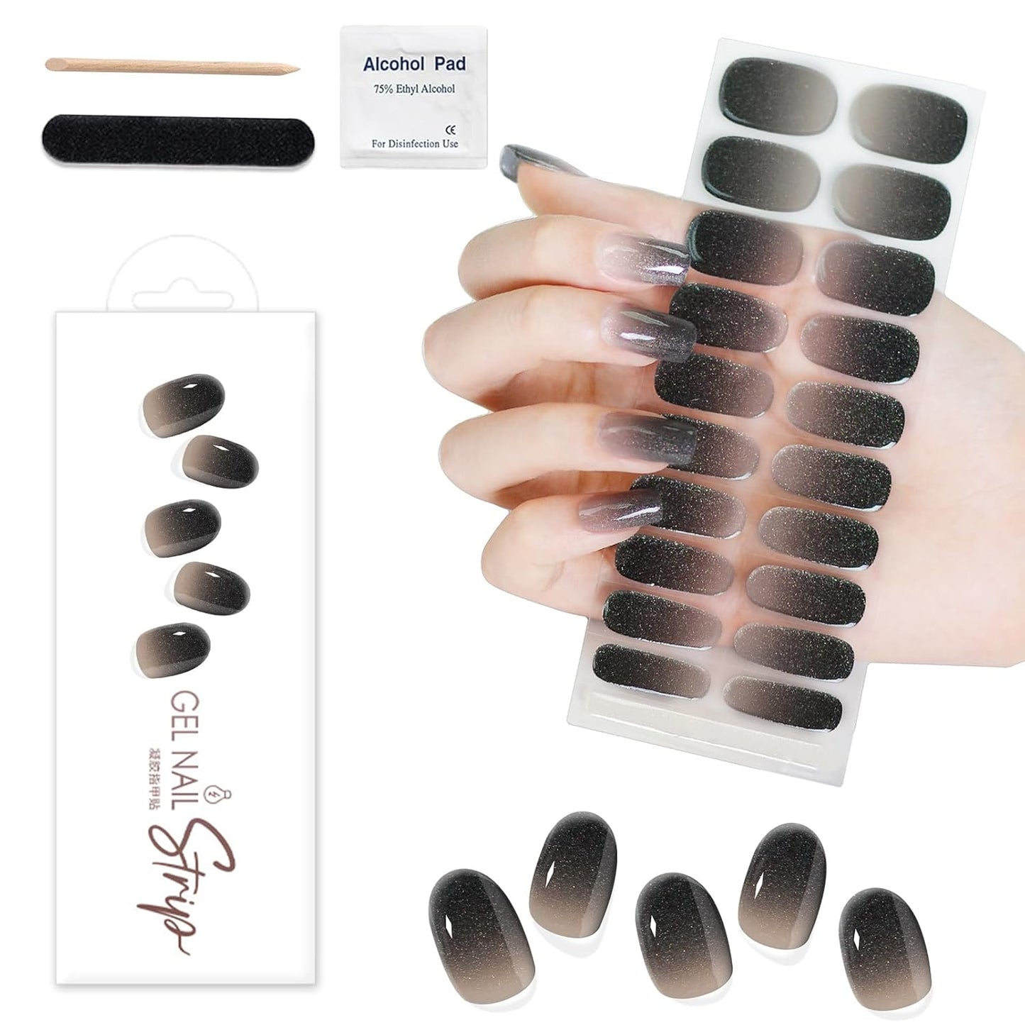 WOKOTO 1 Sheet Semi Cured Gel Nail Strips With Wood Stick, Nail File & Prepared Pads, 20 Tips Black Gradient Glitter Semi Cured Nail Polish Strips, Harden With UV Light Gel Nail Stickers Wraps