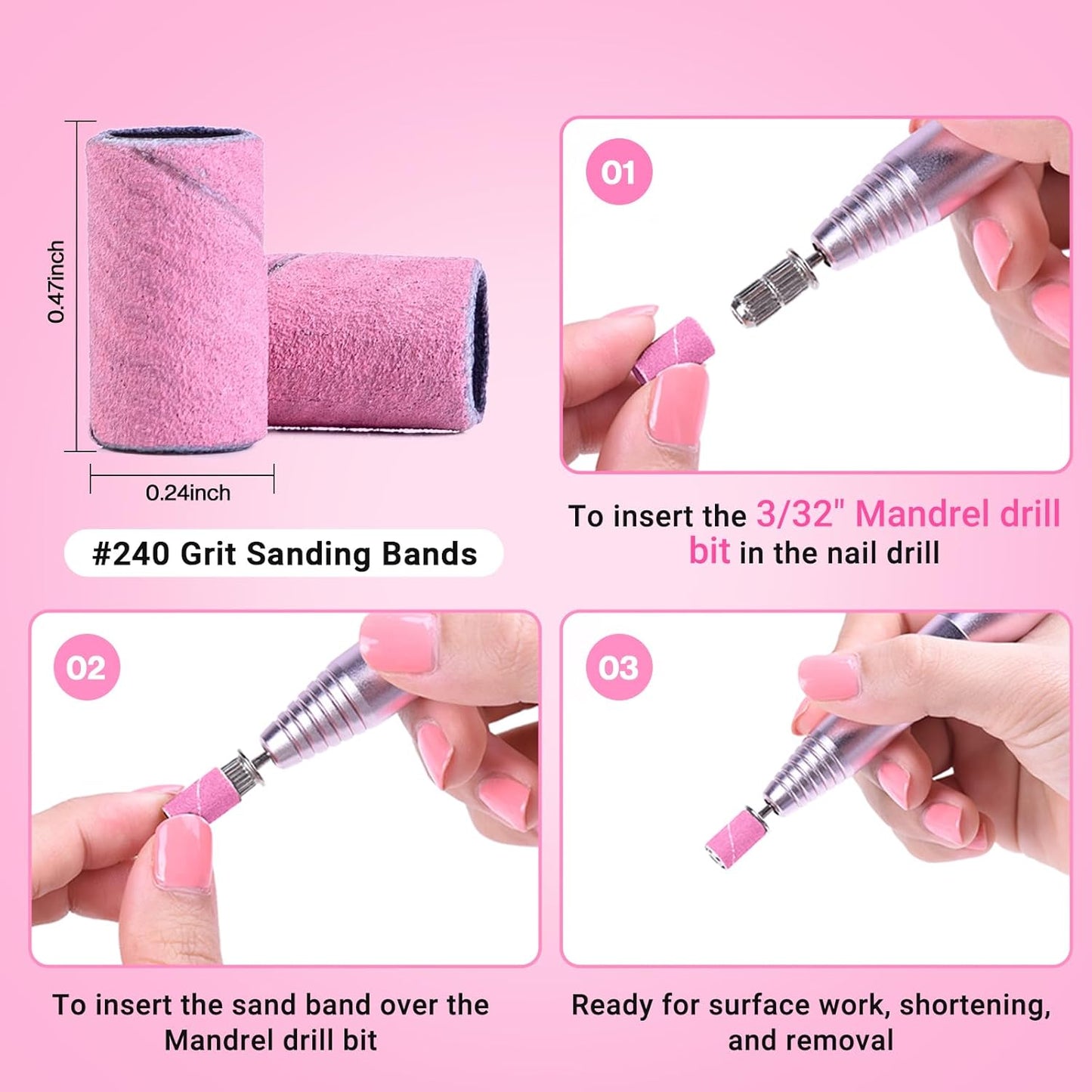 MelodySusie 100 Pcs Nail Drill Bits Sanding Bands for Nail Drill 240 Extreme Fine Grit Nail File Sanding Bands for Acrylic Nails Gel Manicures and Pedicure,Light Pink