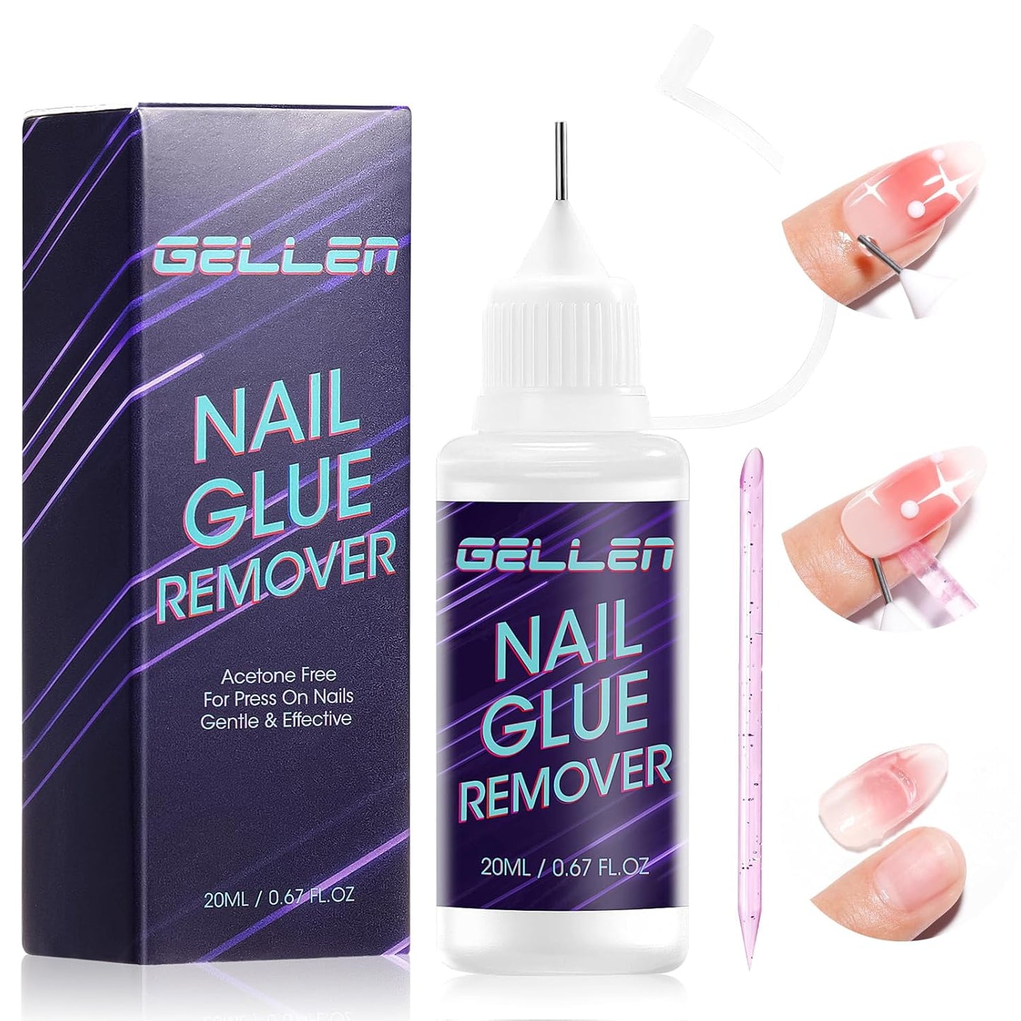 Gellen Nail Glue Remover, Non Acetone Press On Nail Remover for Quick Dry Strong Brush Bond, 10s Fast Gentle Removal Solid Gel & UV Gel, Glue Off for Fake Nail Tips with Stick, 0.67 Fl.oz