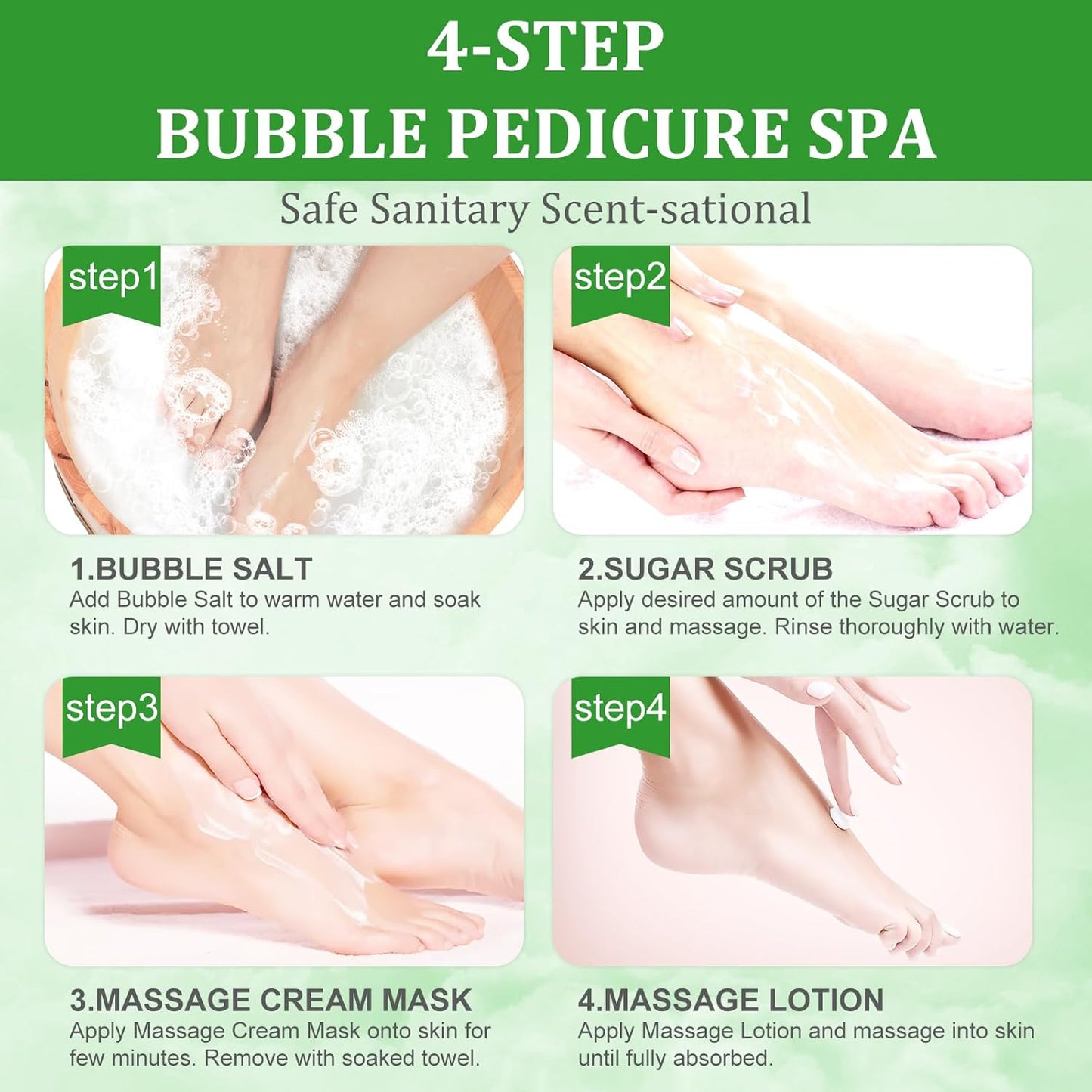 Pedicure Kit Foot Soak Set: Bubble Salt, Sugar Scrub, Massage Mask, Massage Lotion in a Box, 4 Step Foot Spa Kit for Dry Feet, Calluses and Tired Feet(3 Set Olive)