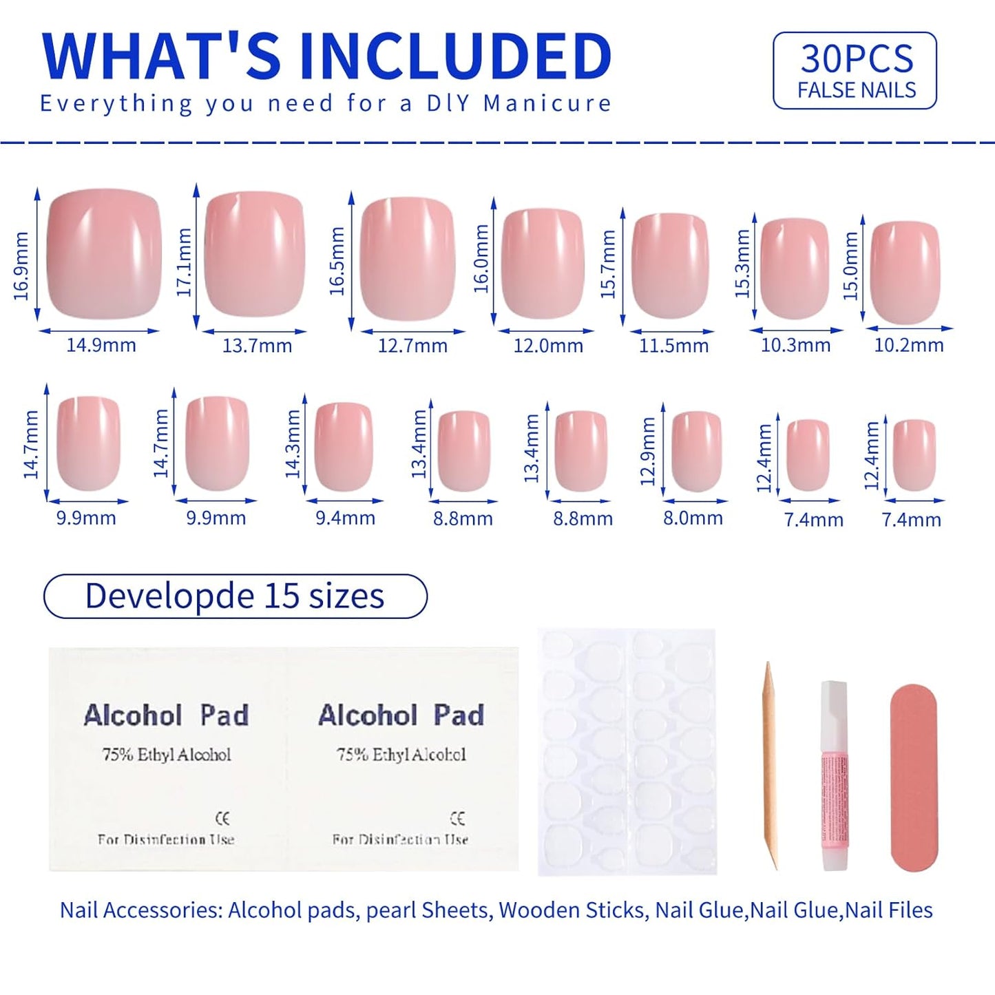 Blush Nude Press On Nails Short, Glossy Soft Gel Press On Nails Square with Nail Glue, 15 Sizes - 30 Fake Nails Kit, Thick Natural Reusable Glue On Nails for Women, Blush Serenity