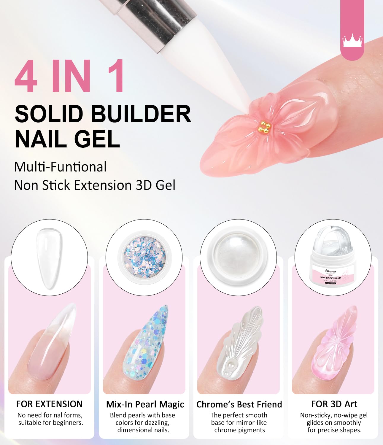 Solid Builder Gel and Chrome Nail Powder Kit BISHENGYF: 4 In 1 No Wipe 3d Sculpting Nail Gel Silver Aurora White Pearl Chrome Nail Powder Clear Non-Sticky Hand Extension Glue for Nail Decoration 30g