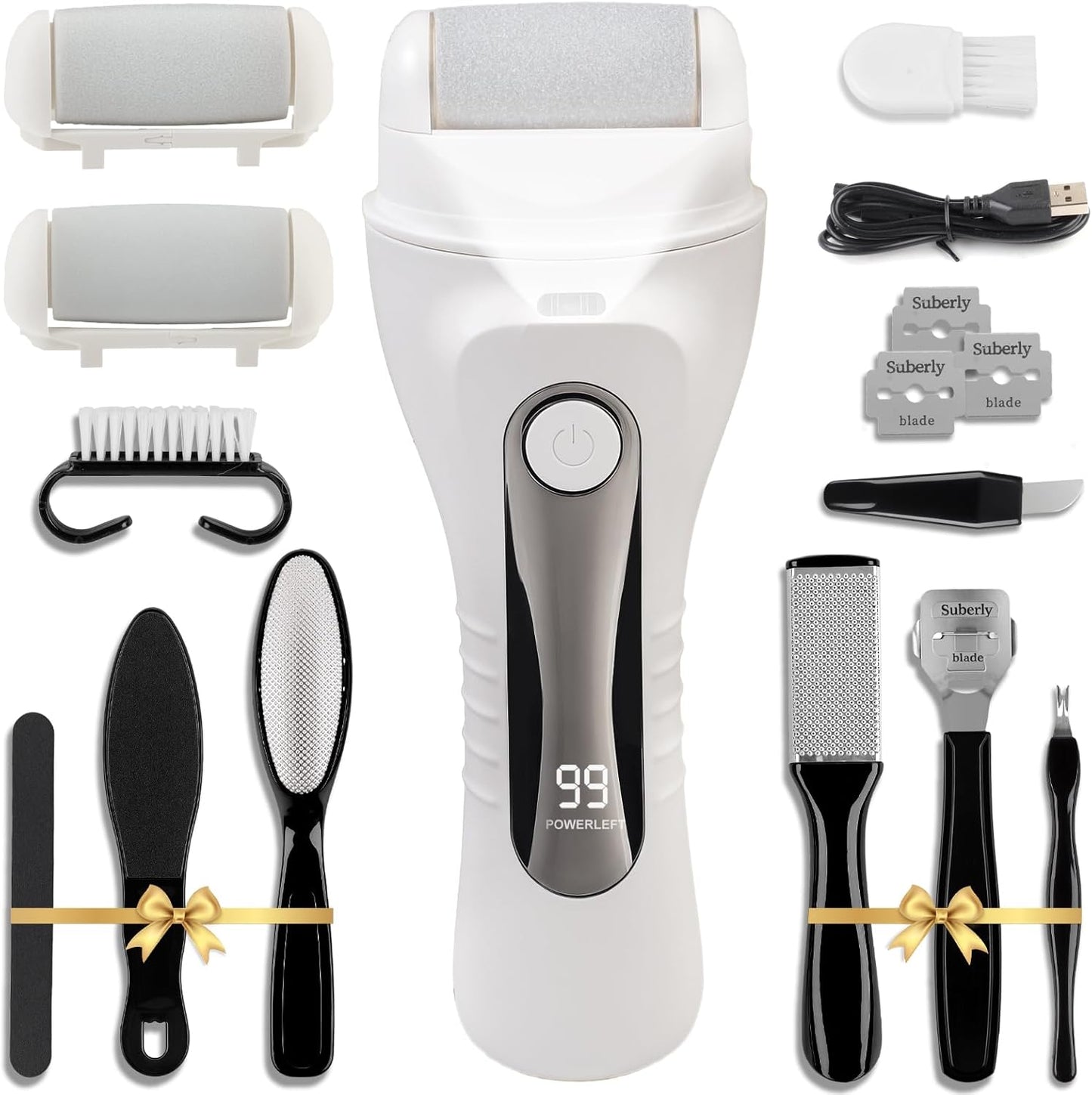 Electric Foot Scrubber File Callus Remover, 17-in-1 Professional Pedicure Kit, Waterproof Cracked Dry Dead Skin Removal for Feet Care, Wider 3 Rollers, 3 Speed, Battery Display