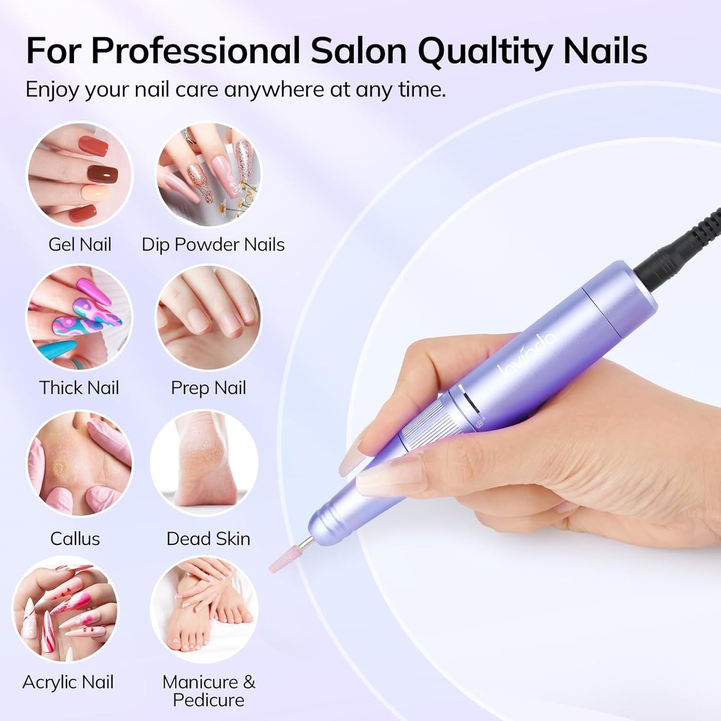 Lavinda Professional Nail Drill 35000 RPM, Cordless Electric Nail File Efile for Acrylic and Gel Nails, Manicure Pedicure Polishing Tool for Salon and Home Use (Purple)