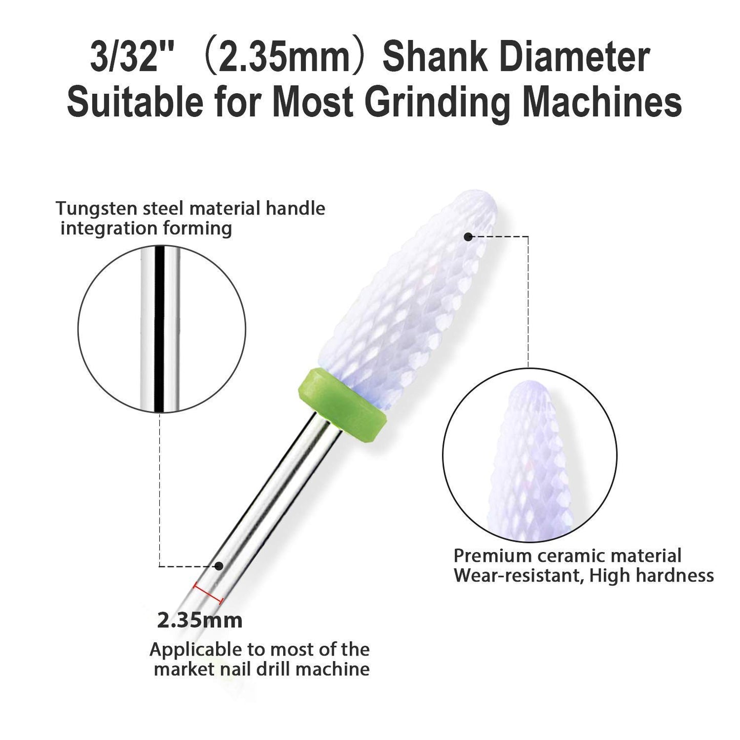 5 Size Professional Large Barrel Top Ceramic Nail Drill Bits Set with Holder for Electric Nail File Manicure Pedicure Acrylic Gel Polishing, 3/32'' (2.35mm)
