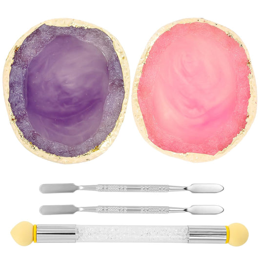 2 Pcs Resin Nail Art Palette with UV Gel Gradient Sponges Pens and Spatula, Gold Edge Gel Nail Polish Mixing Palettes, Makeup Color Pallet, Portable Nail Design Kit for Manicure DIY Tools(Pink&Purple)