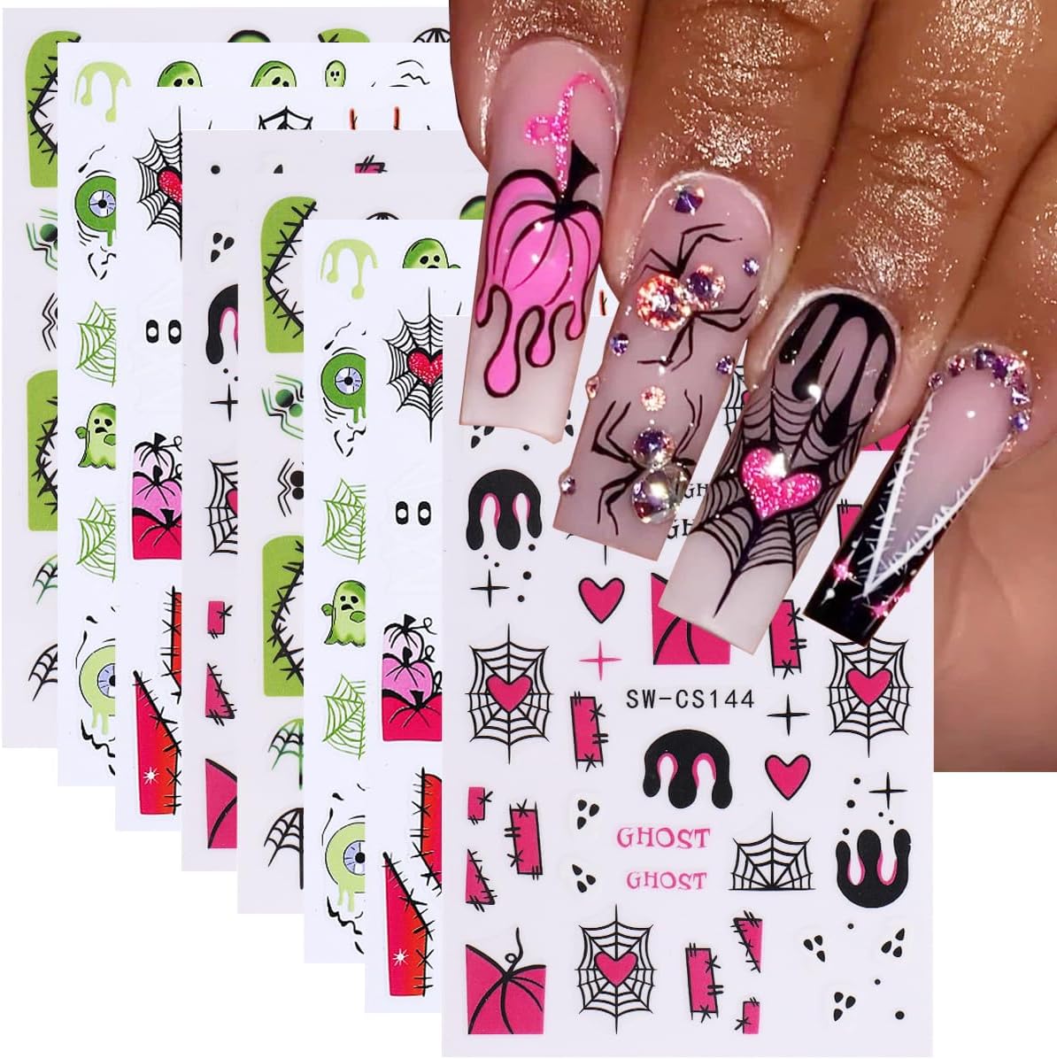 Halloween Nail Art Stickers 3D Self-Adhesive Nail Decals Nail Art Supplies 8PCS Pink French Flame Pumpkin Spider Web Ghost Eyeball Halloween Nails Adhesive Sliders for Women DIY Manicure Decorations