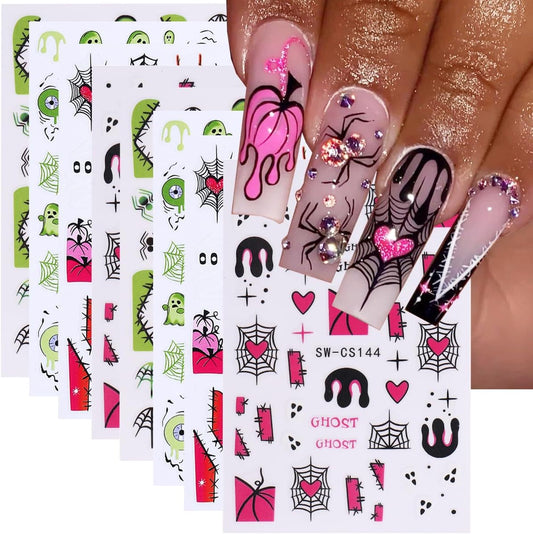 Halloween Nail Art Stickers 3D Self-Adhesive Nail Decals Nail Art Supplies 8PCS Pink French Flame Pumpkin Spider Web Ghost Eyeball Halloween Nails Adhesive Sliders for Women DIY Manicure Decorations