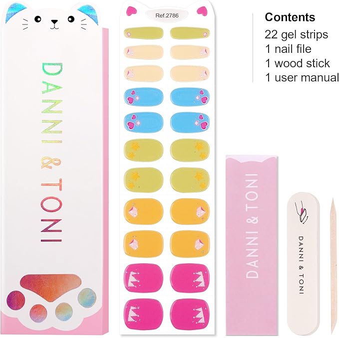DANNI & TONI Kids Gel Nail Strips Diamond Crown Heart Accent Nails Salon-Quality Peel & Stick Manicure for Children (Age 6+)– Safe, Long-Lasting, Easy to Apply |Candy Crown