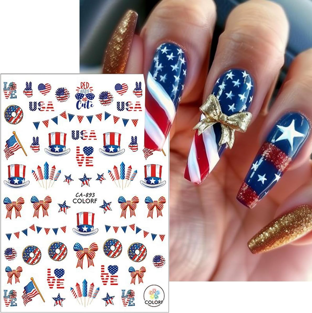 6Pcs Independence Day Nail Stickers for Nail Art - Celebrate 4th of July Nail Decals 3D Self-Adhesive USA Flags Heart Star Bow Eagle Design Firework Sticker for Memorial Day DIY Patriotic Nail Decor