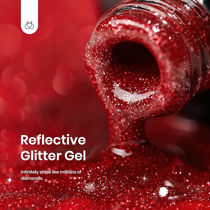 Beetles Red Gel Nail Polish - 15ml Sparkly Glitter Diamond Red Gel Polish for Girls & Women - Soak Off, UV Nail Lamp Included Christmas Gift for Women