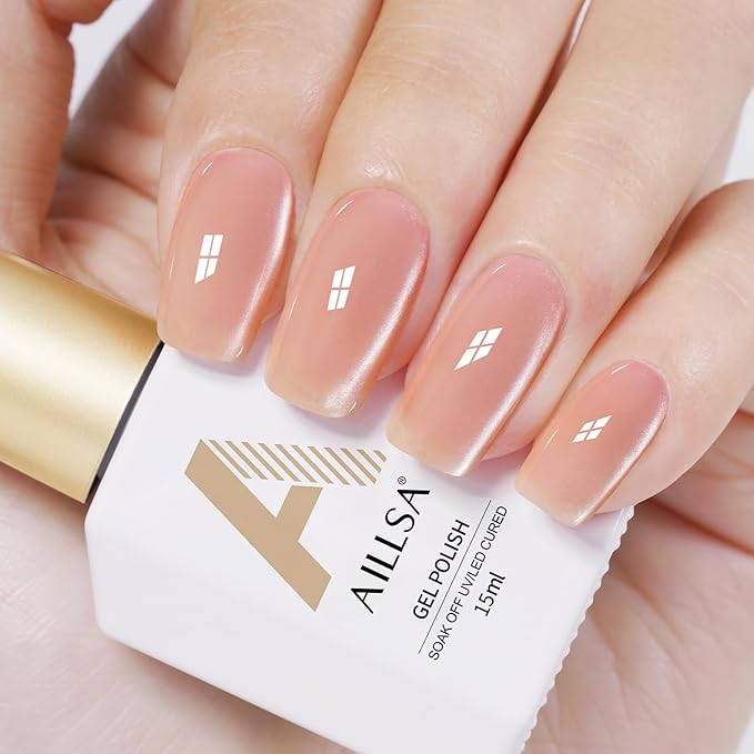 AILLSA Glass Cat Eye Gel Nail Polish, 15ml Nude Glitter Jelly Sheer Gel Polish, Translucent Magnetic Shimmer Sparkle Nail Art U V Salon 0.5 OZ GF39