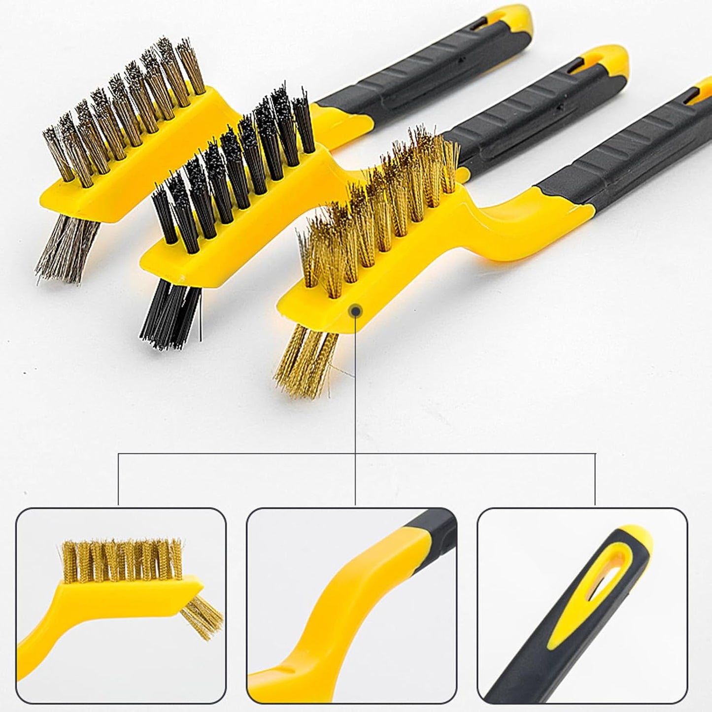Wire Brush Set 3Pcs, Nylon/Brass/Stainless Steel Bristles with Curved Handle Grip for Cleaning with Curved Handle Grip for Rust Removal, Dirt, Paint Scrubbing Yellow