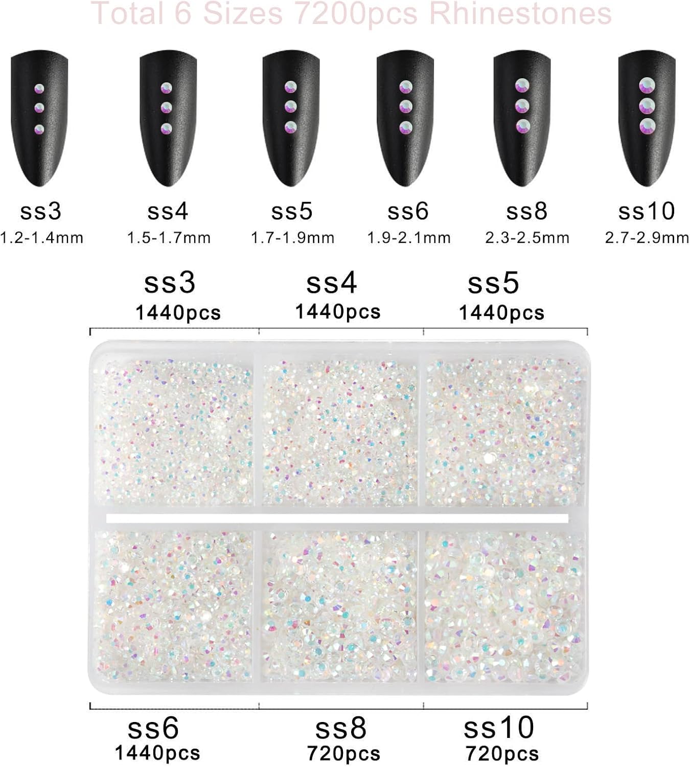 Beadsland 7200pcs Flatback Rhinestones,Transparent Rhinestone Nail Gems Round Crystal Rhinestones for Crafts,Mixed 6 Sizes with Wax Pencil Kit, SS3-SS10,Transparent AB