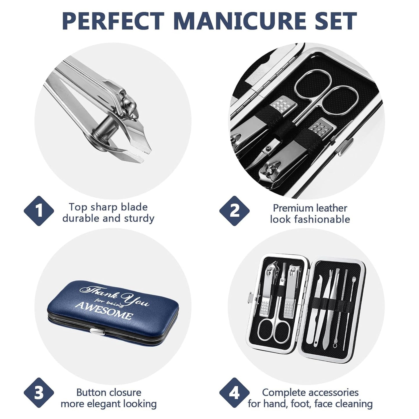 Therwen 24 Sets Manicure Set Nail Clippers 8 in 1 Stainless Steel Grooming Nail Kit Thank You Appreciation Gift Professional Pedicure Tool for Men Women Personal Care(Dark Blue)