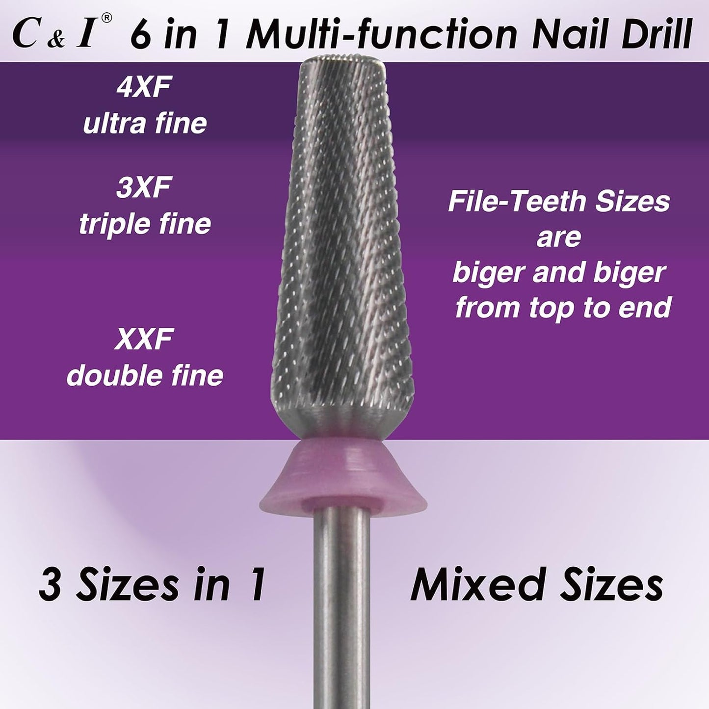 C & I Nail Drill Bit 6 in 1 Multi-function Rounded End E File, Tungsten Steel CNC Overall Cutting, Manicure Tool for Nail Tech Quick Remove Nail Gels, Acrylic Nails (Original, Double Fine -XXF)