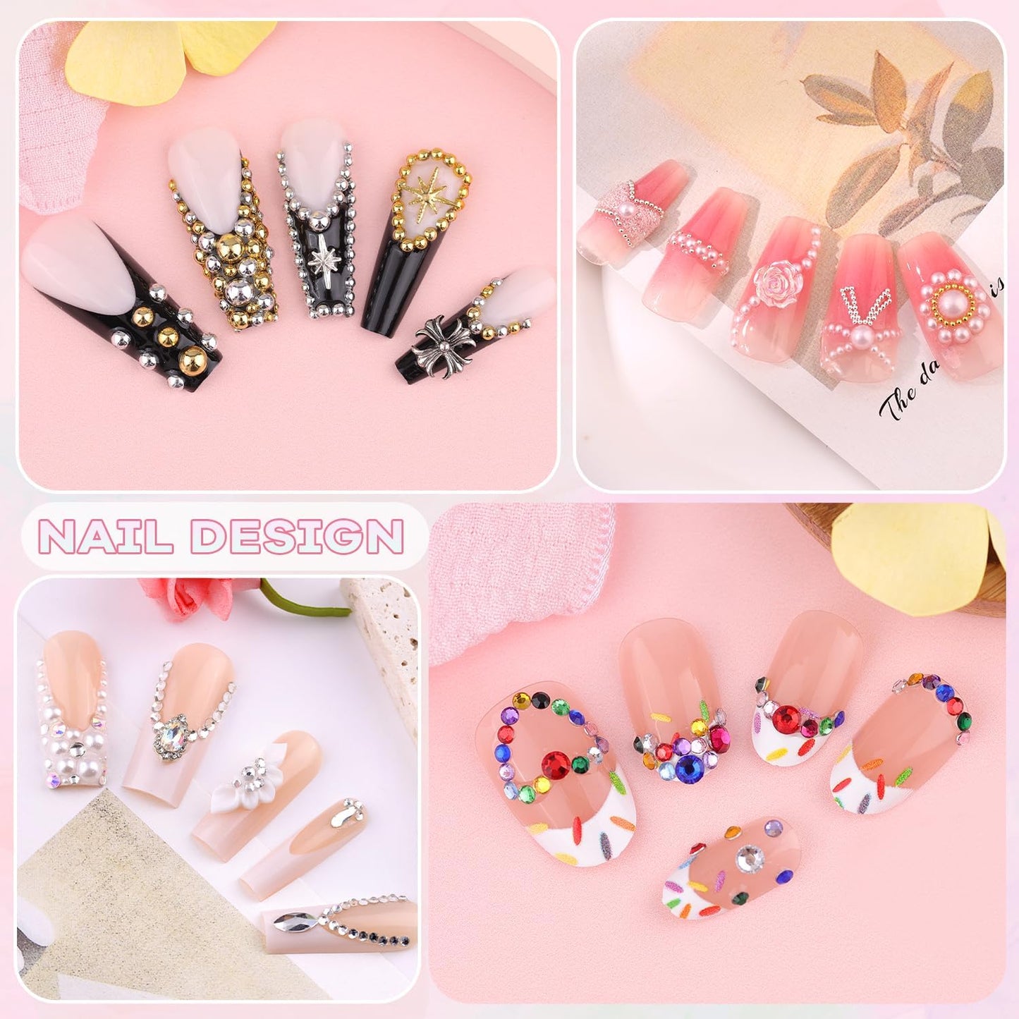 10000Pcs Nail Rhinestones and Charms for Nail Art, Flatback Nail Pearls and Caviar Nail Beads(Silver+Gold), Colorful Rhinestones Bedazzling Gems Kit Nail Gems Pearl Nail Charms for Manicure Decor