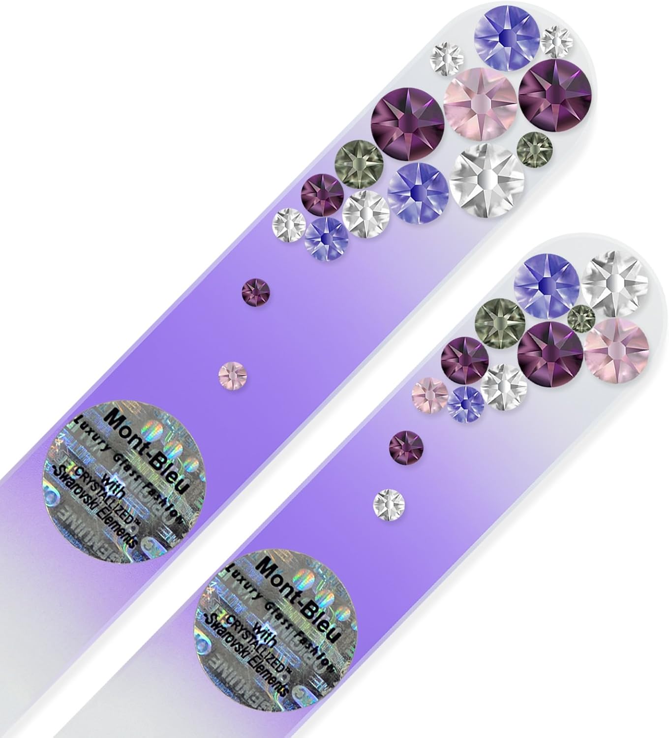 Professional Nail Files - Mont Bleu Set of 2 Glass Nail Files Hand Decorated with Crystals - Handmade Gifts for Women - Czech Tempered Glass - Travel Nail File for Shiny Nails