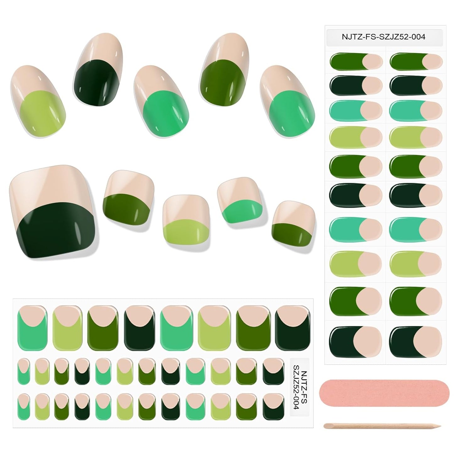 EBANKU 52Pcs Semi-Cured Gel Nail Strips Toes, Green Deep French Gel Nail Strips for Toes, Long-Lasting French Manicure Stickers Salon Nails at Home Requires UV Light with Nail File&Stick