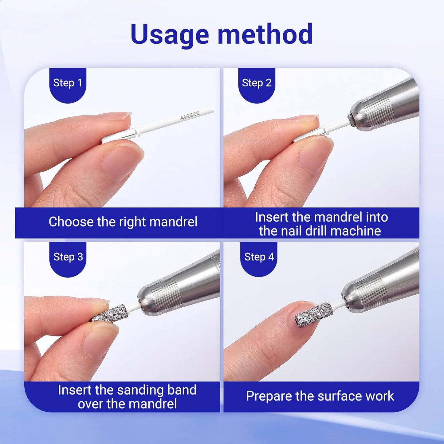AIRSEE 3.1mm Small Nail Drill Mandrel Bits for Mini Efile Sanding Bands, Stainless Steel Professional Electric Head Clean Remove Cuticle Removing, Acrylic Manicure Sander Safety (White)