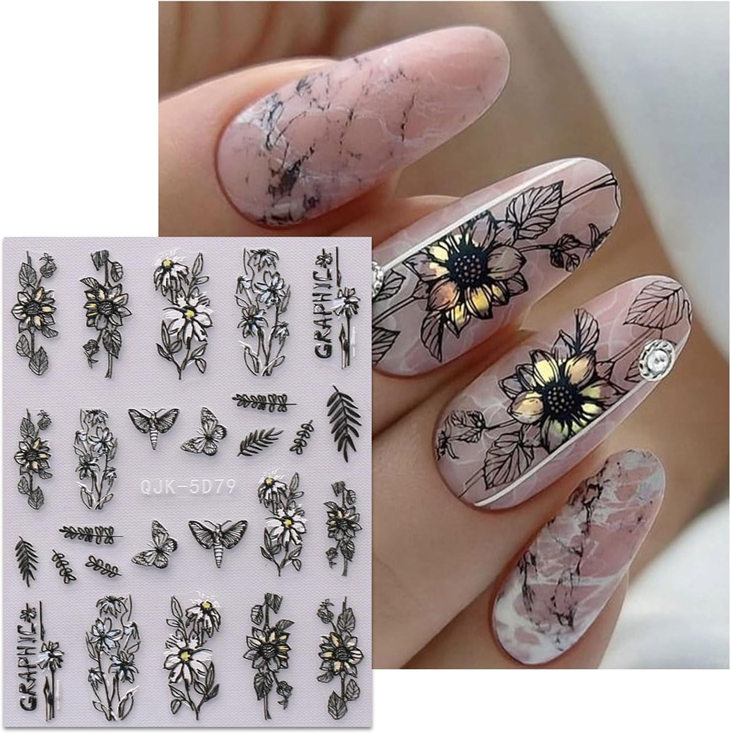 JMEOWIO 6 Sheets 3D Embossed Spring Flower Nail Art Stickers Decals Self-Adhesive Pegatinas Uñas 5D Colorful Summer Floral Leaf Nail Supplies Nail Art Design Decoration Accessories