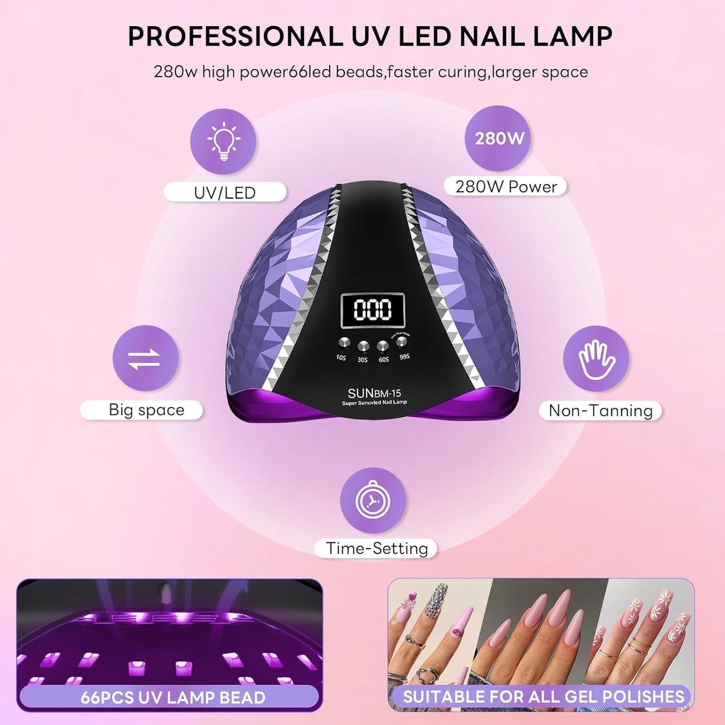 LED UV Nail Lamp, 280W Gel Nail Polish, Dryer, Professional Nail Lamp, UV Light for Nails with 66 Beads, Auto Sensor LED Gel Nail Lamp, 4 Timer Settings