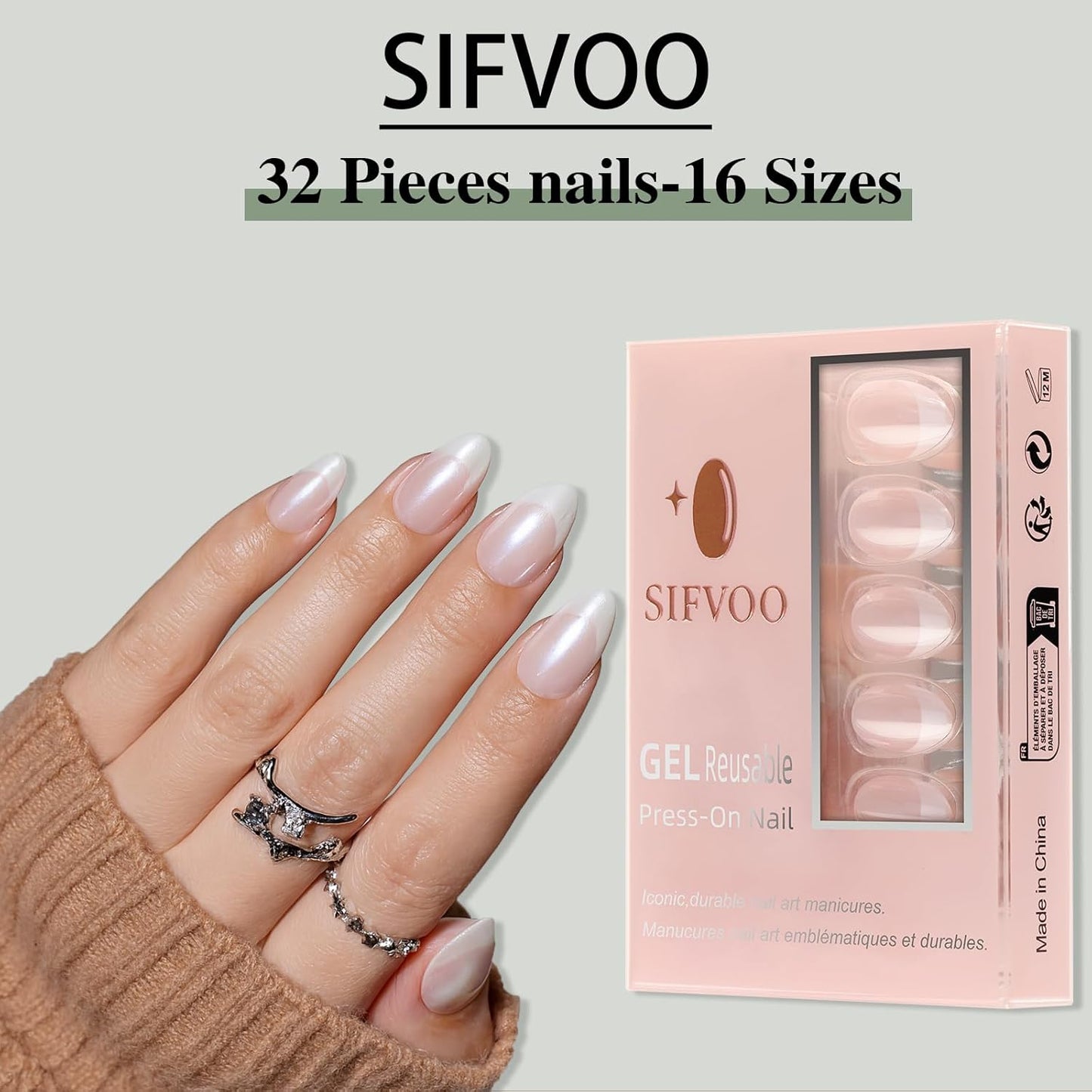 French Tip Press on Nails, Short White Press on Nails Almond Reusable Glossy Laser White Nails Soft Gel False Nails Press ons for Women, 16 Sizes 32 Count Nails Kit with Glue (SV-04)