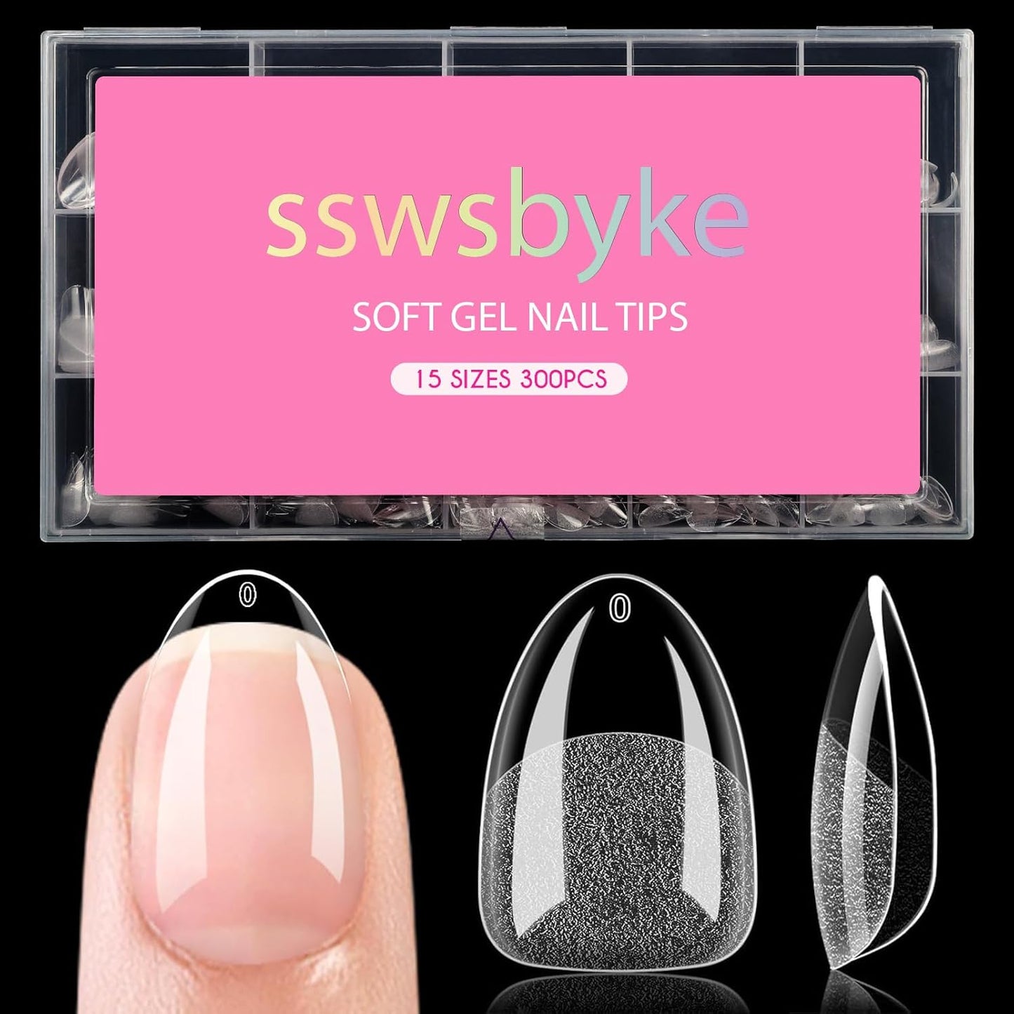 Extra Short Almond Nail Tips, SSWSBYKE 300pcs 15 Sizes Gel Acrylic Nail Tips for Full Cover Pre-Shaped Fake Nails Tips Half Matte Press On Nails for Extension Home DIY Salon