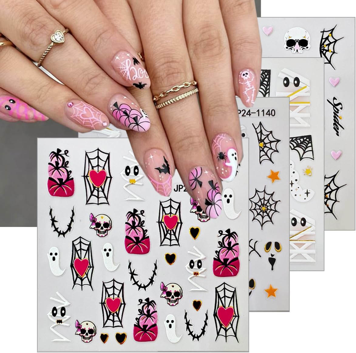 4 Sheets Halloween Nail Stickers 5D Embossed Self-Adhesive Mummy Nail Decals Cute Ghost Pumpkin Spider Web Skull Nails Design Stickers Halloween Nails Art Supplies for Women Holiday DIY Manicure Decor