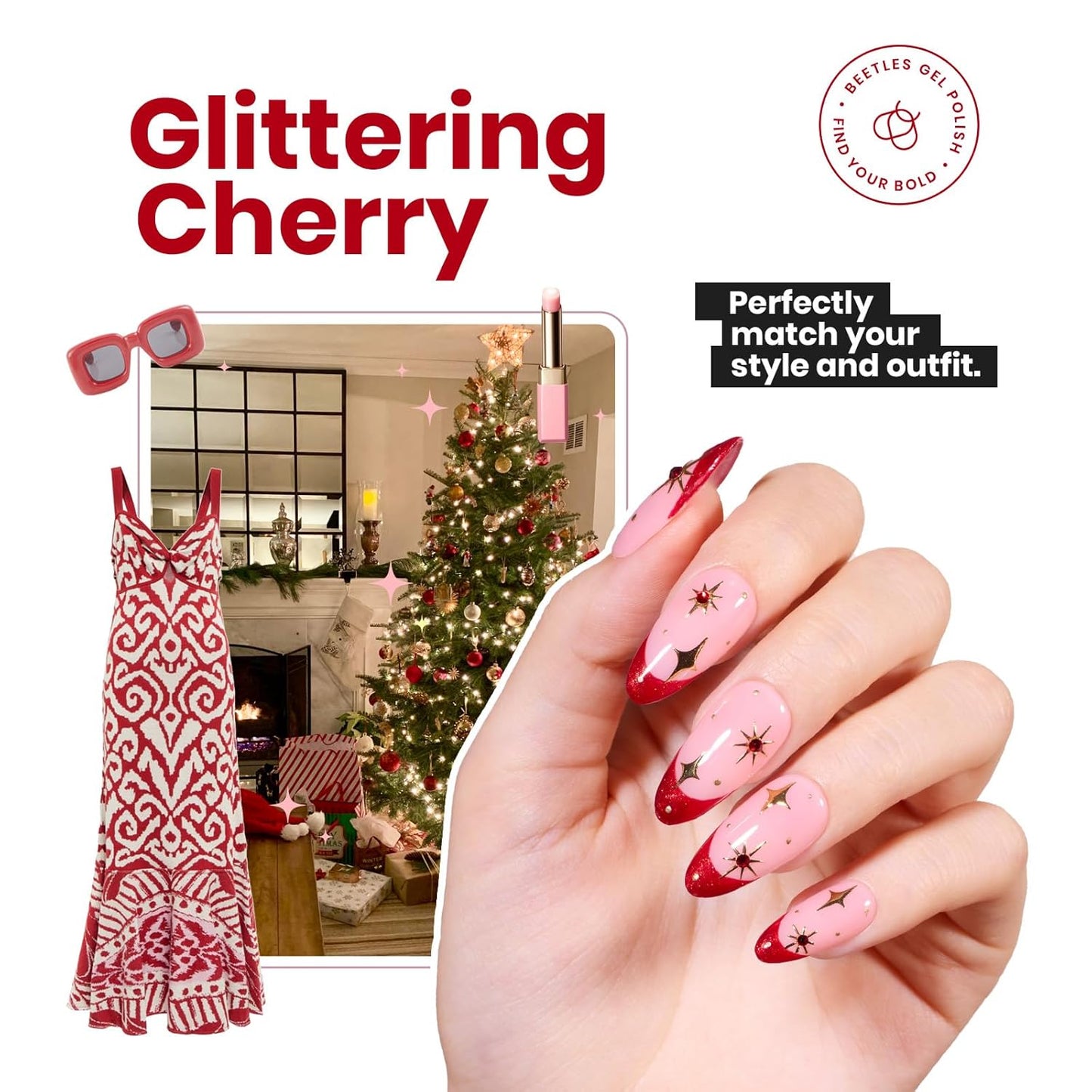 Beetles Red Glitter Nail Polish - 15ml Ruby Radiance Red, Air-Dry Shimmer for Christmas DIY Manicure
