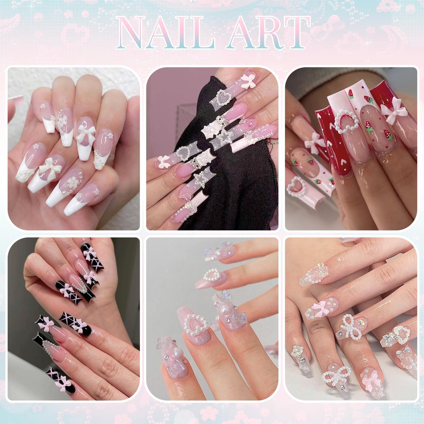 3D Nail Charms for Coquette Nails Design Set 3, White Nail Bows + Assorted Pearl Heart Star Moon Bowknot Cute Nail Jewels + 3D Flower Charms and Nail Pearls, with Picker Tools for Nail Decor