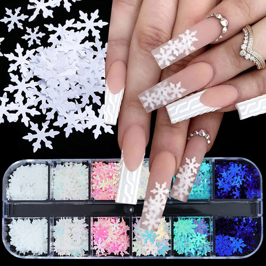 12 Grids 3D Snowflake Nail Glitter Sequins Holographic Laser Snowflake Nail Art Stickers Decals Christmas Nail Glitter Flakes Pink Blue White Snowflake Glitter Xmas Winter Nail Snow Glitter