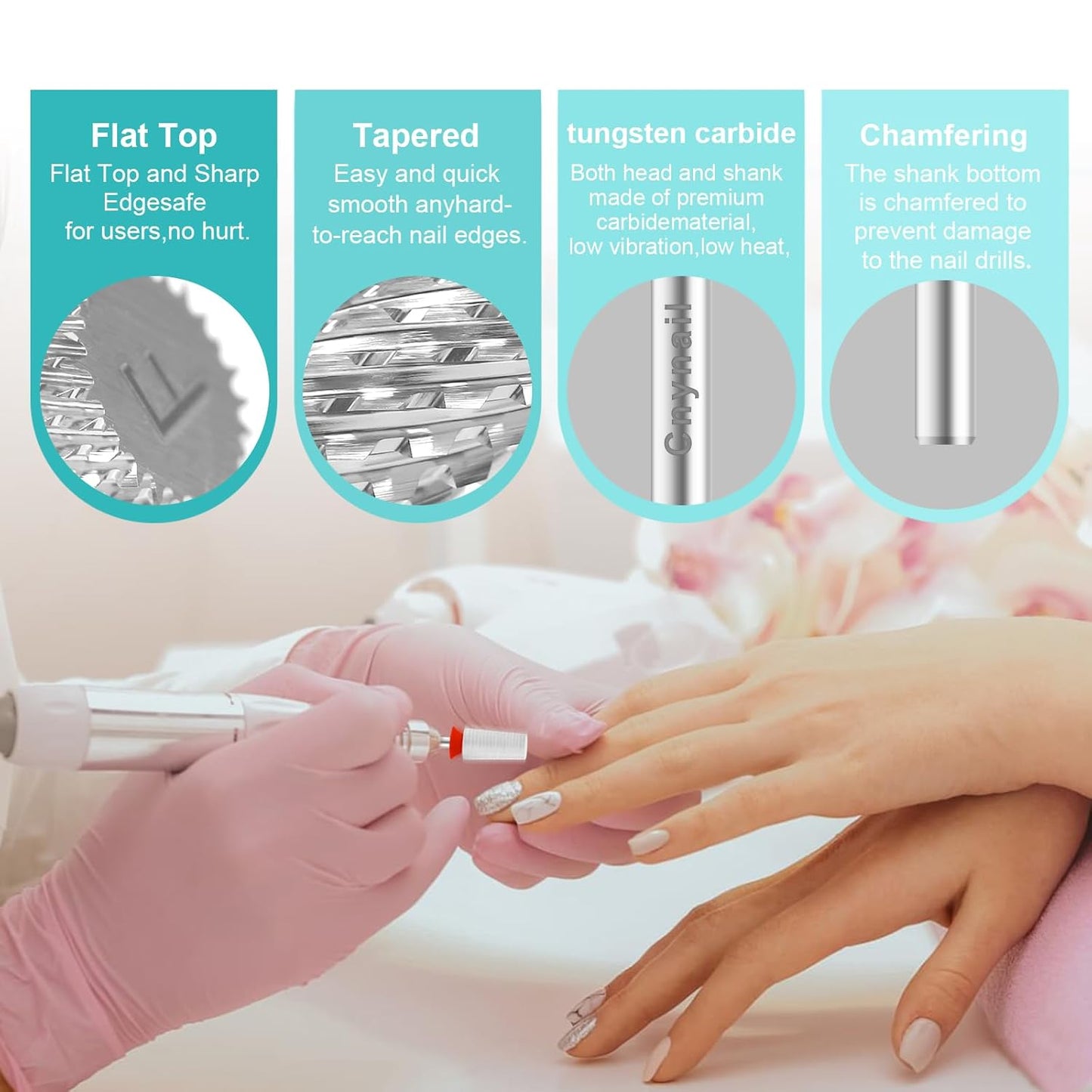 3/32" Large Tapered Barrel Flat Bit Tungsten Carbide Nail Drill Bit Safety Bit for Gel & Acrylic Removal, 2- Way Rotating Efile Tip, Salon Electric File Accessory (F Girt, Silver)