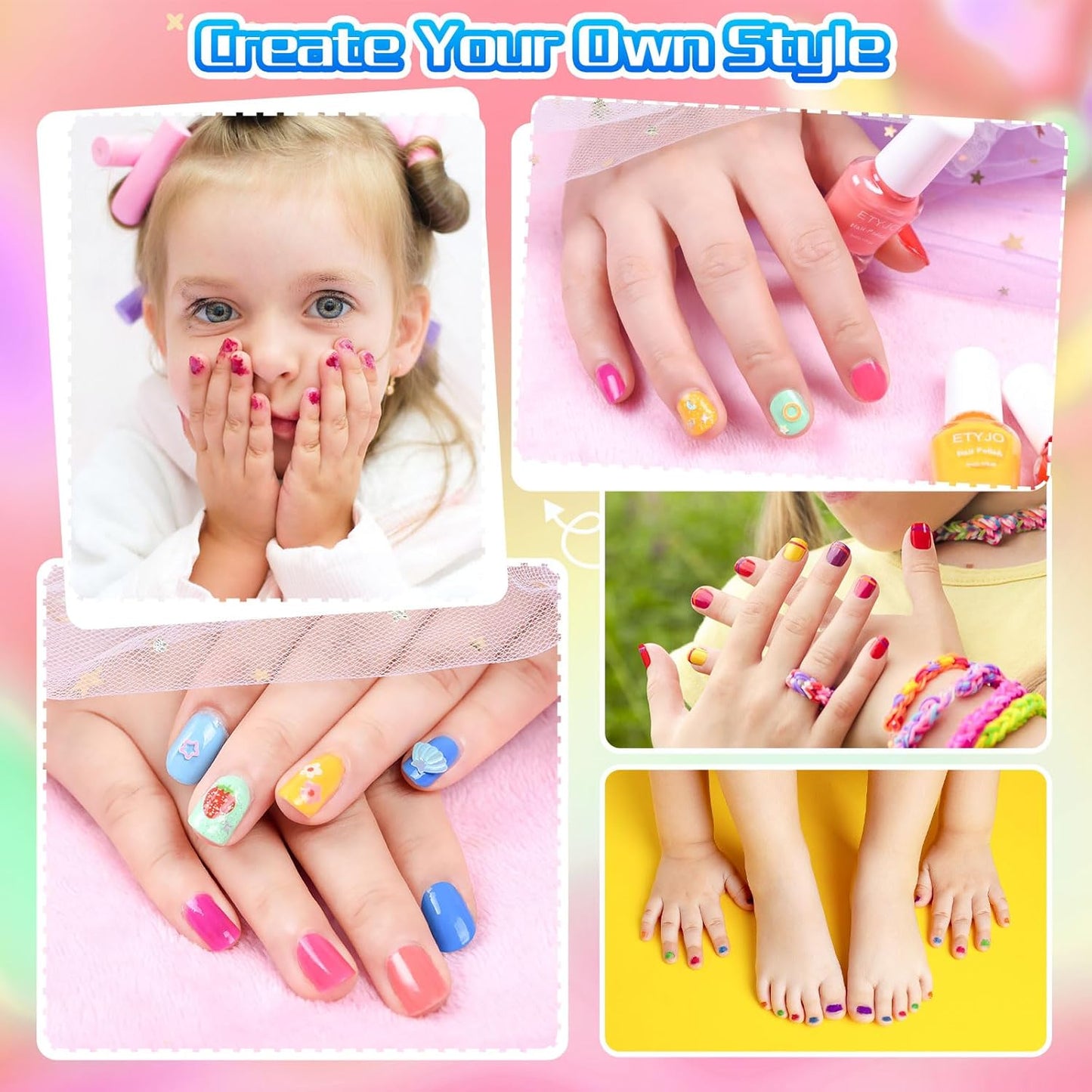 Kids Nail Polish Non-Toxic Nail Polish Set for Girls 10 rainbow Colors Water Based Peel Off Quick Dry Nail Polish Kit for Age 3+ Toddler Teen Birthday Gift