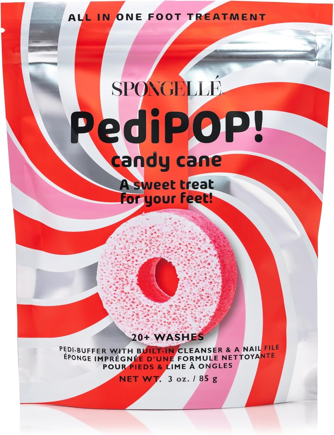 Spongellé Candy Cane Holiday PediPOP! Pedi Buffer & Nail File | All-in-One Pedicure Treatment | Exfoliates, Softens & Cleanses | 30+ Washes | Vegan & Cruelty-Free