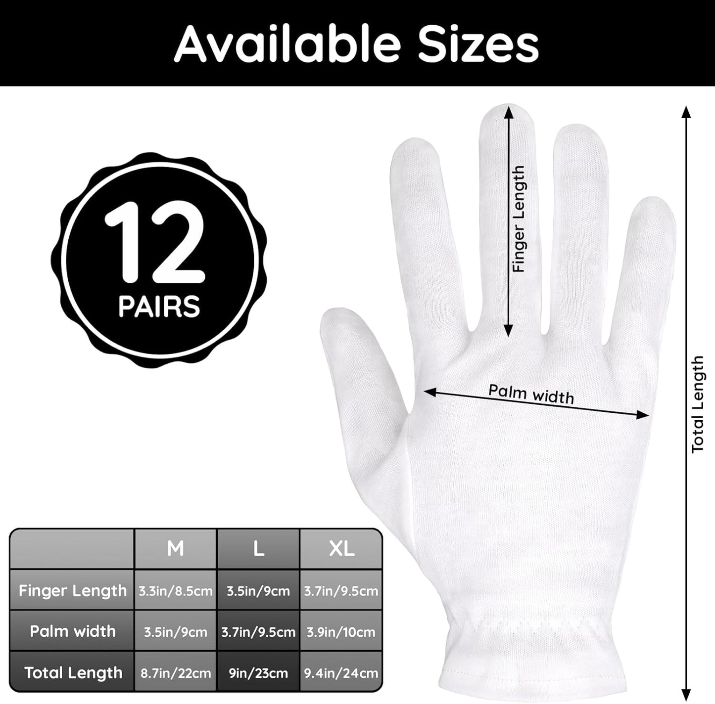Segbeauty 24 Counts Moisturizing Gloves Overnight with Elastic Band, White Cotton Gloves for Dry Hand, 12 Pairs Thick Sleeping Gloves for Cracked Hands, Cotton Work Gloves for Men and Women Large