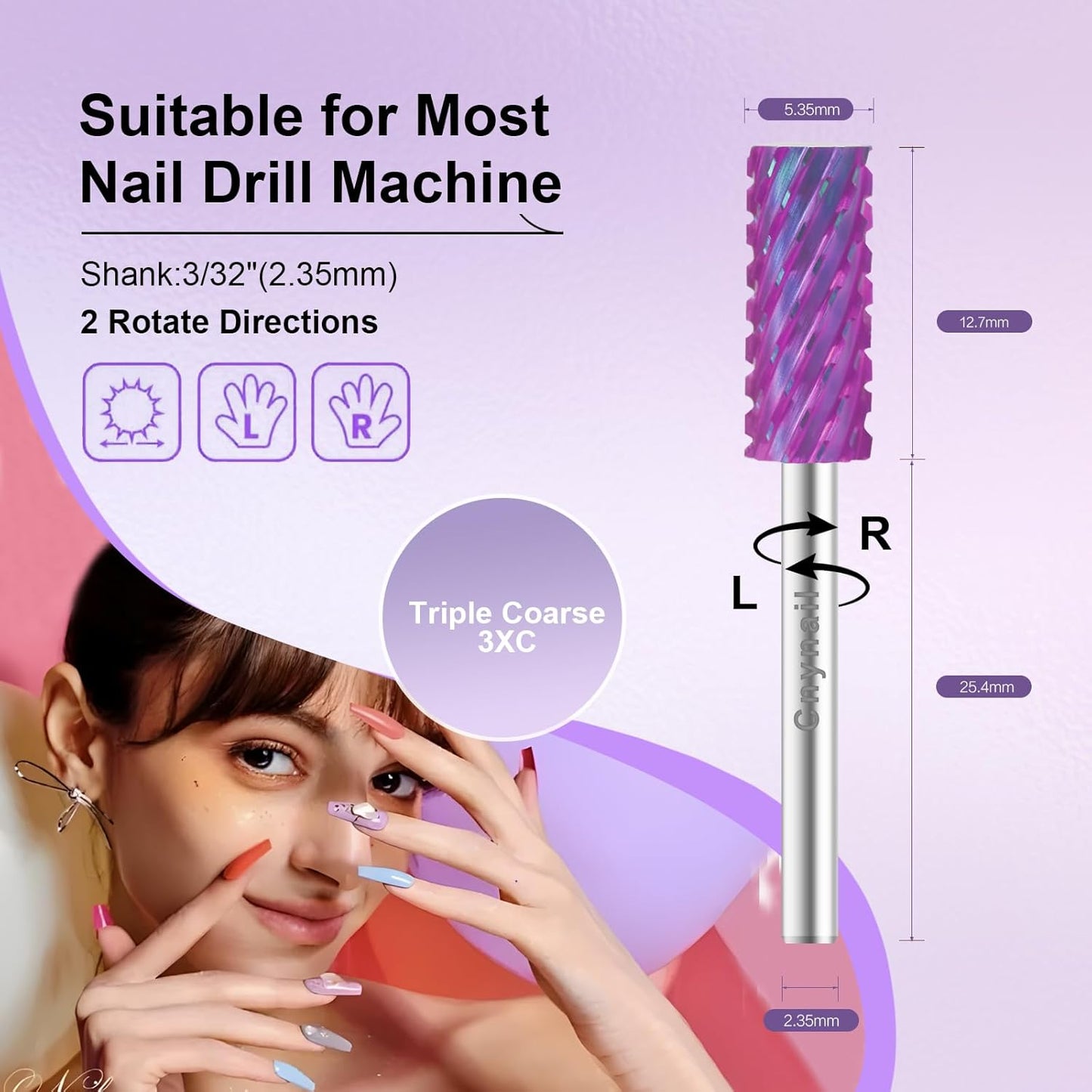 3/32" Small 5.35MM Barrel Bit Tungsten Carbide Nail Drill Bit Safety Bit for Gel & Acrylic Removal, 2- Way Rotating Efile Tip, Salon Electric File Accessory (3XC Girt, Purple)