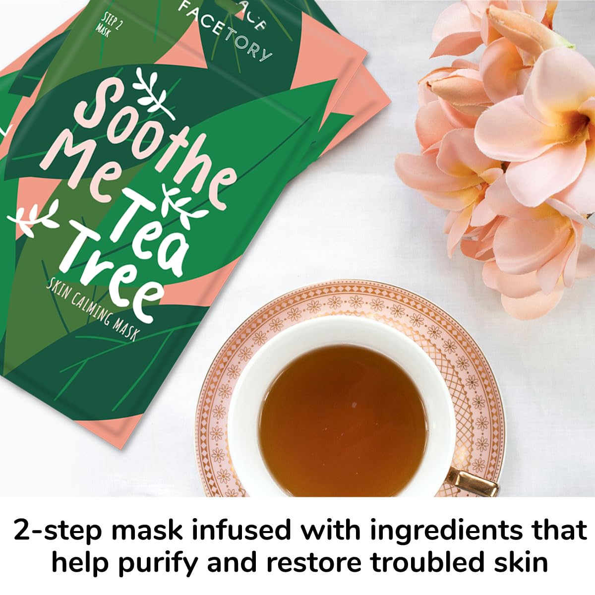 FACETORY K Beauty Face Mask Skin Care - Soothe Me Tea Tree 2-Step Sheet Mask with Tea Tree Extract & Chamomile + Soothing Ampoule | Skin Calming, Acne Clearing (5 Pack)