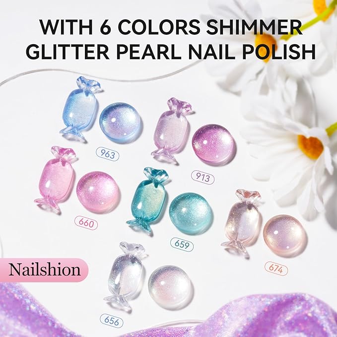 Nail Polish Set, Glitter Holographic Nude Peach Pink Shimmer Shades 16 Colors Nail Lacquer with Clear Base Top Coat & Remover Pads, Hema-free, Air Dry Non Gel