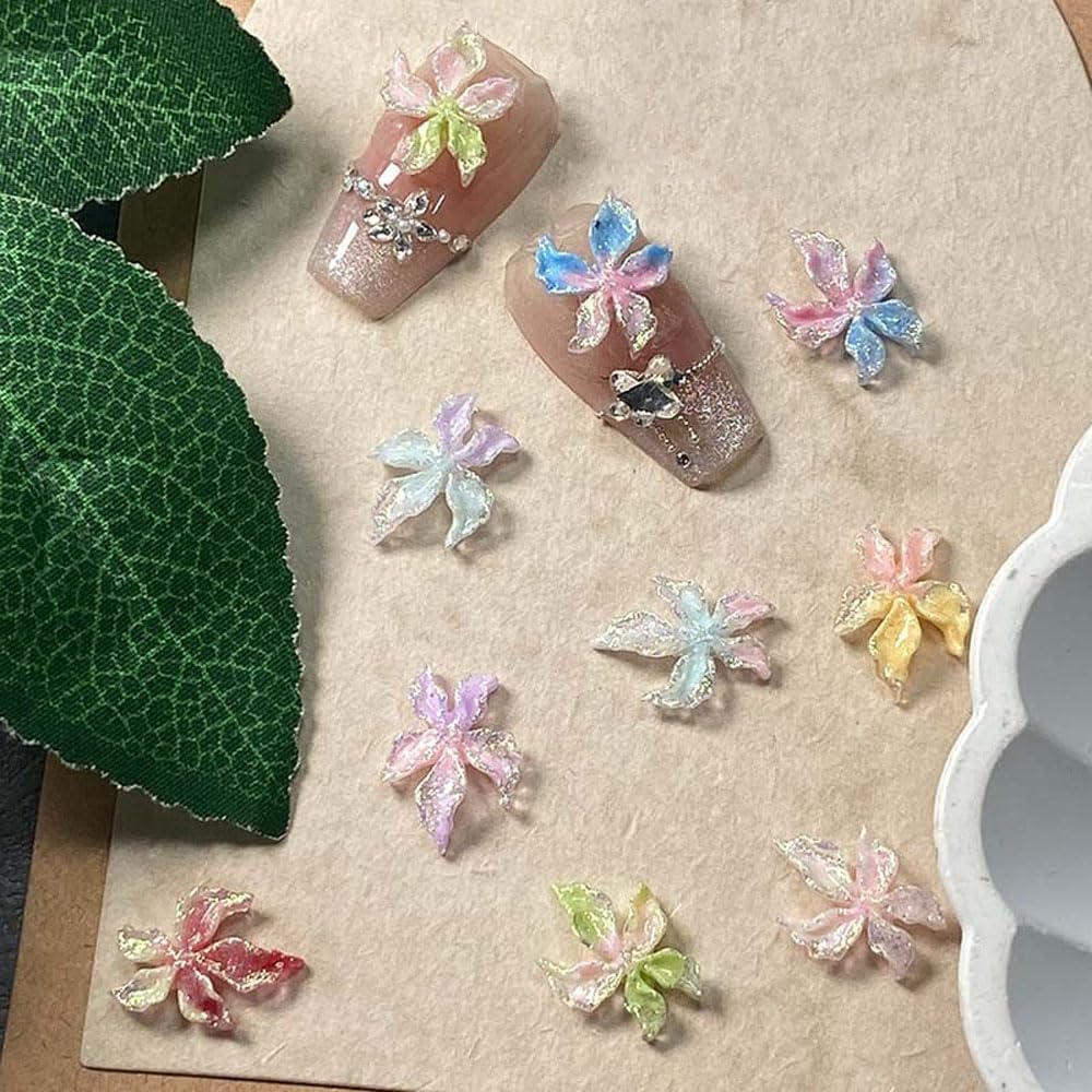 3D Crystal Flower Nail Charms, 100 Pieces Mixed Color Spring Floral Rhinestones, Hawaii Style Nail Art Decorations with Golden Beads