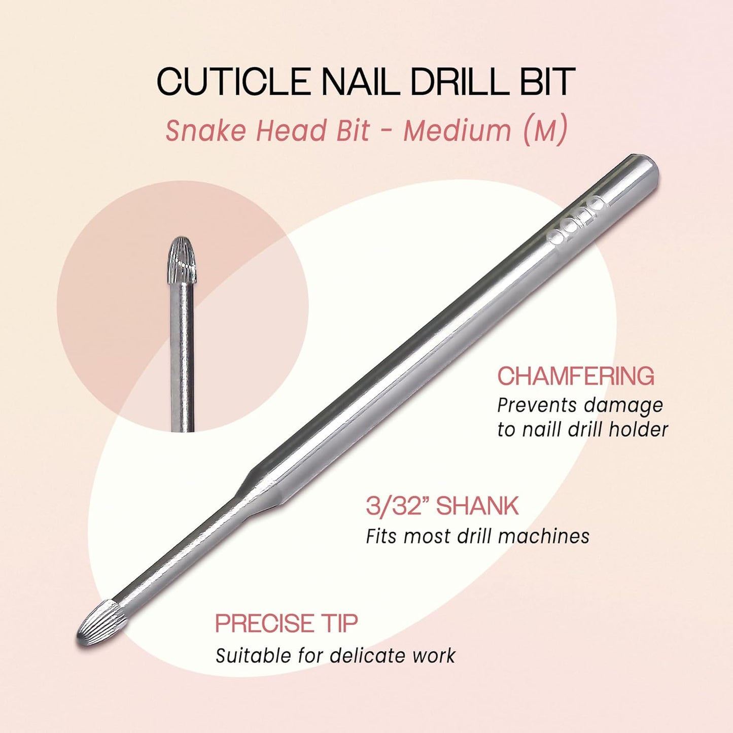 PANA 3/32" Carbide Cuticle Nail Drill Bit for Cuticle Cleaning, Dead Skin Removal, Gel Polish & Acrylic Removal, Under Nail Cleaner, Nail Salon, Manicure Tools (Snake Head - Silver, Medium)