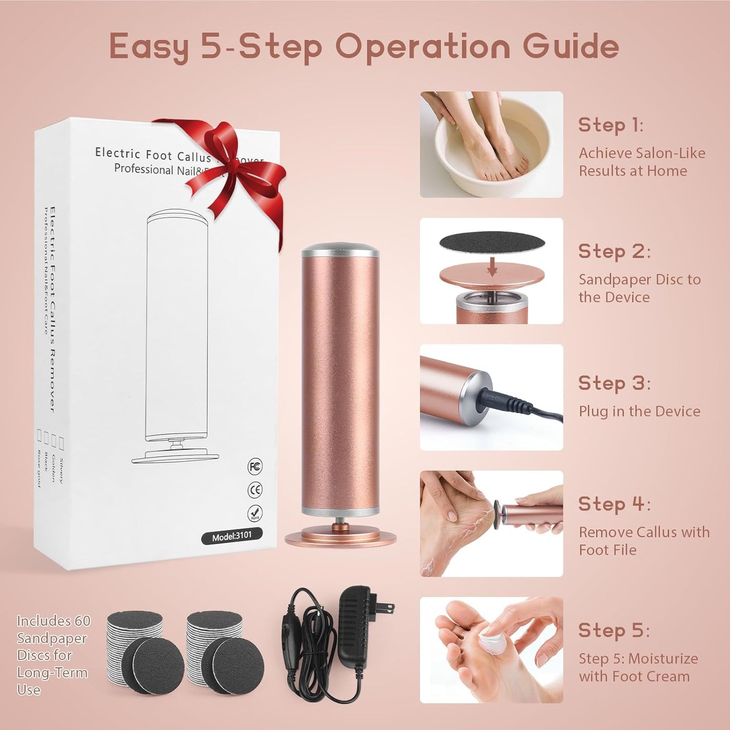 Electric Foot Callus Remover with 60pcs Sandpaper Discs, 4.8IN Aluminum Foot File for Dead Skin and Cracked Heels, 800RPM Professional Pedicure Tool for Home Spa Use
