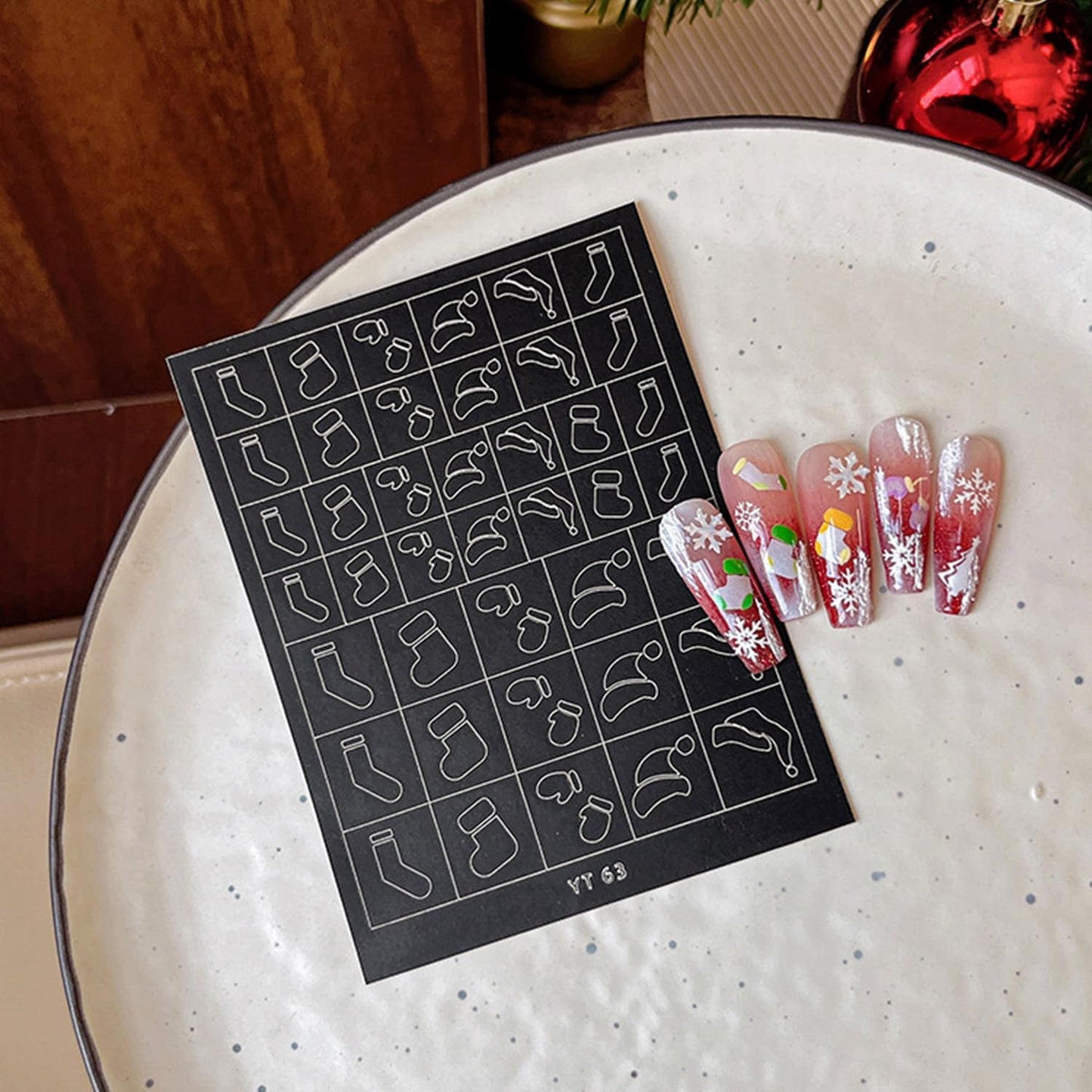 Christmas Nail Stickers Airbrush Stencils Stickers for Nail Art Self Adhesives with Snowman Snowflower Deer Bell Wreath Socks Designs Supplies Design Nail Guide for Manicure Nails Decoration 6 Sheets
