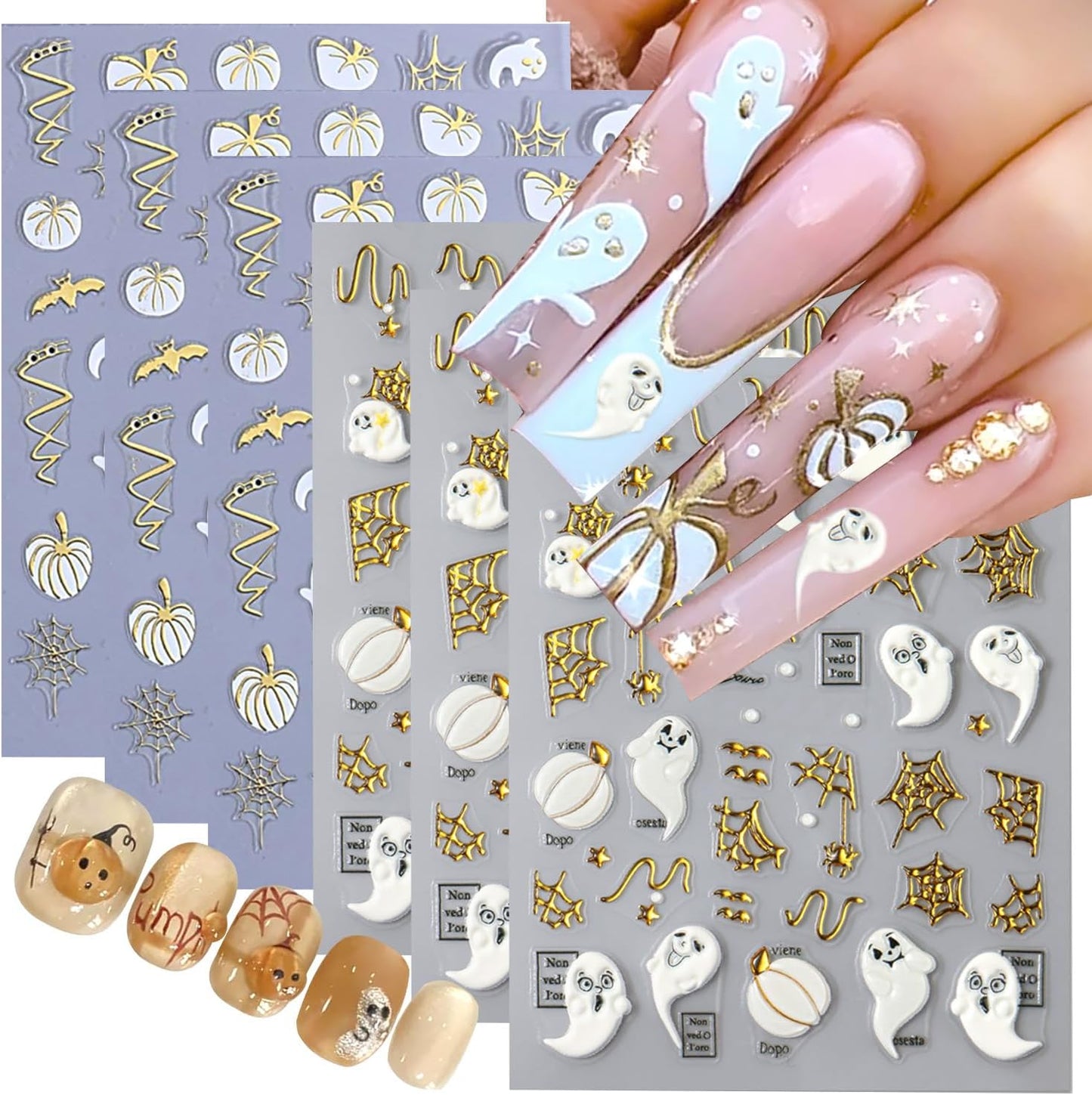 Halloween 5D Embossed Gold Spider Web Nail Art Stickers Cute Ghost Nail Art Decals Self-Adhesive Pumpkin Nail Decals Star Bat Nail Stickers Holiday Nail Supplies for Women Acrylic Nails 6 Sheets