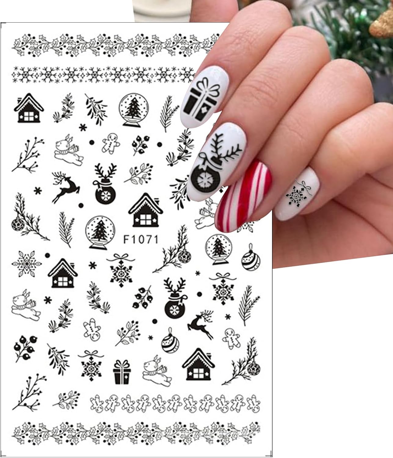 6 Sheets Christmas Nail Art Stickers 3D Self-Adhesive Pegatinas Uñas Navidad Holiday Red black Snowflake Elk Snowmen Xmas Tree Design Winter Supplies Nail DIY Christmas Nail Decoration for Women Girls